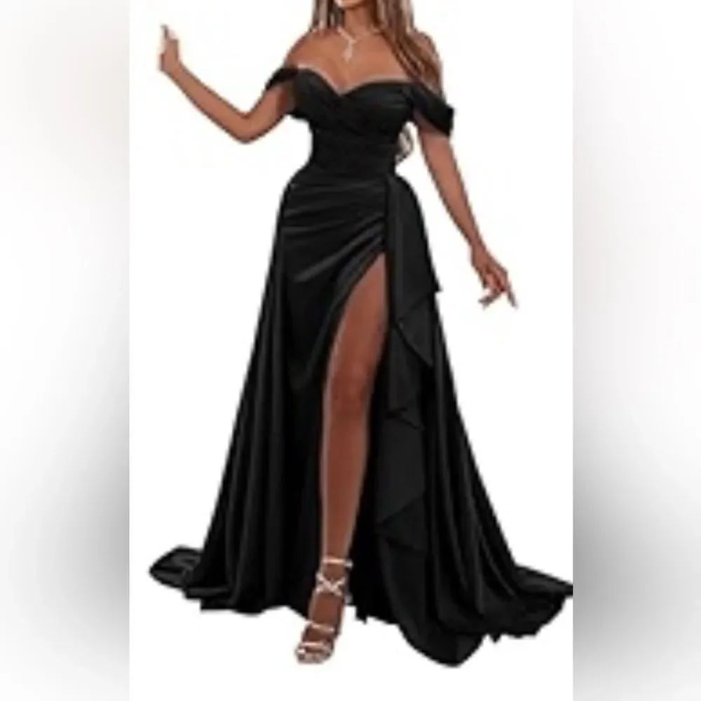 Black Ruched Off-Shoulder Prom Gown - Picture 14 of 17